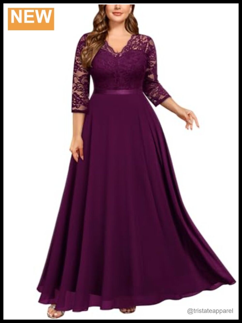 Plus Size Floral Lace V Neck 3/4 Sleeve Maxi Formal Bridesmaid Dress